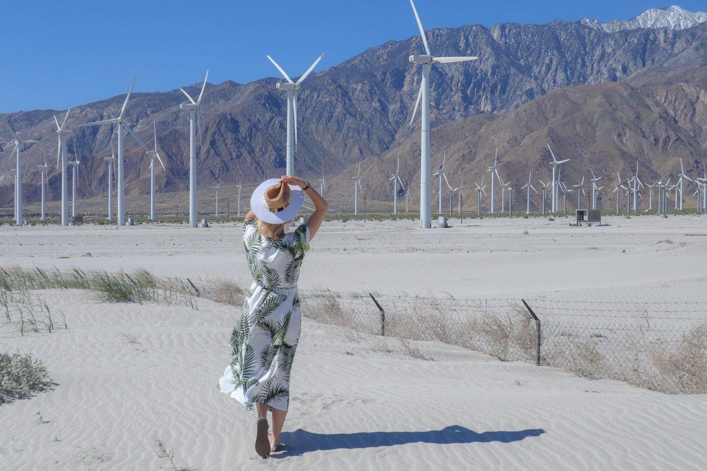 lady in palm print dress with wind turbines in front of her in Palm Springs Wind Farm