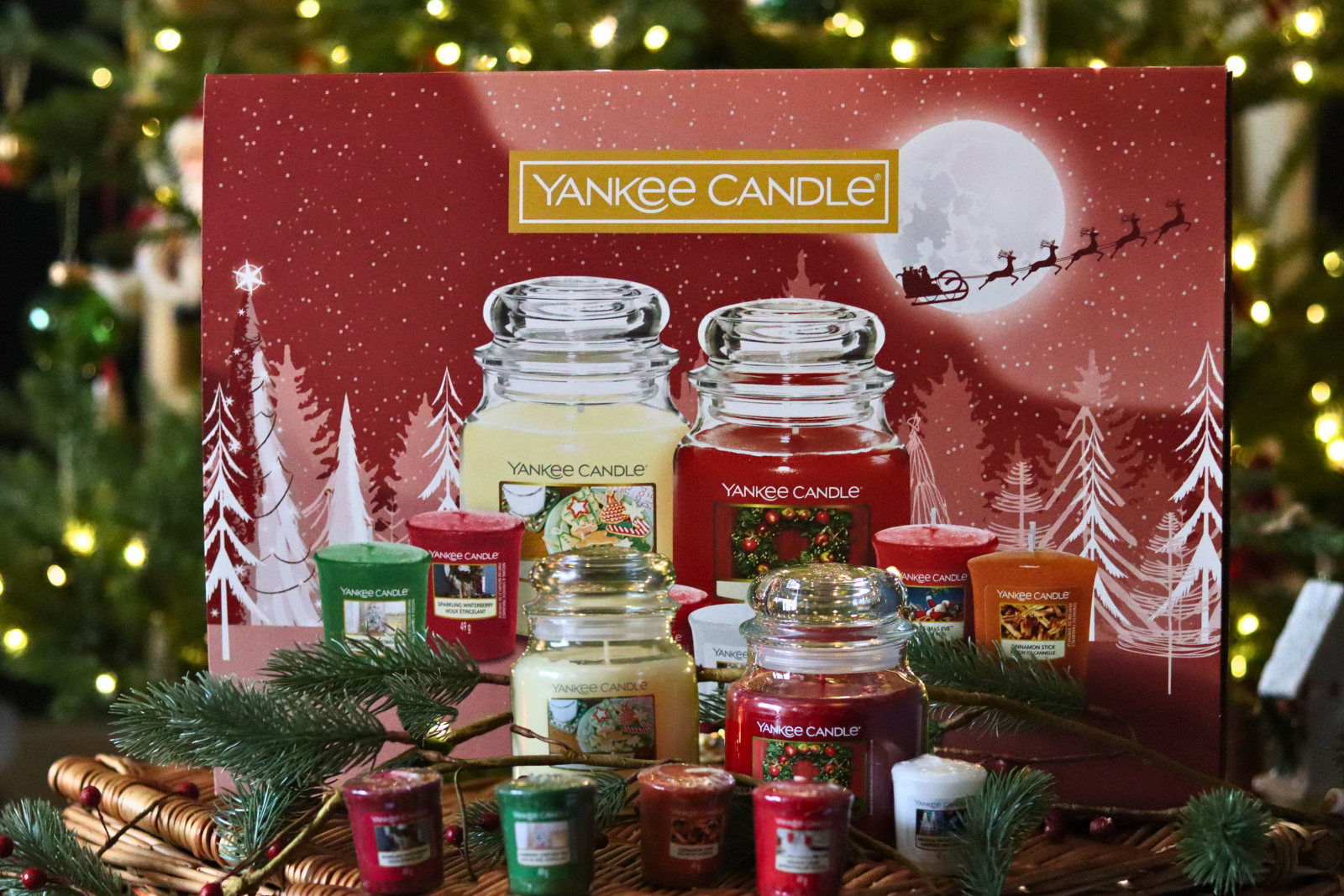 Yankee Candle gift set laid out in front of sparking lights to show great Christmas Gifts on a Budget idea